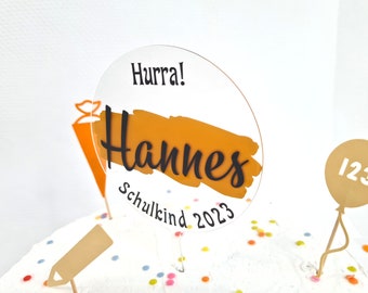 Einschulung Deko-Set Tiere Cake-Topper mit Namen und Wimpelkette "Schulkind 2023" - ABC Junge Mädchen