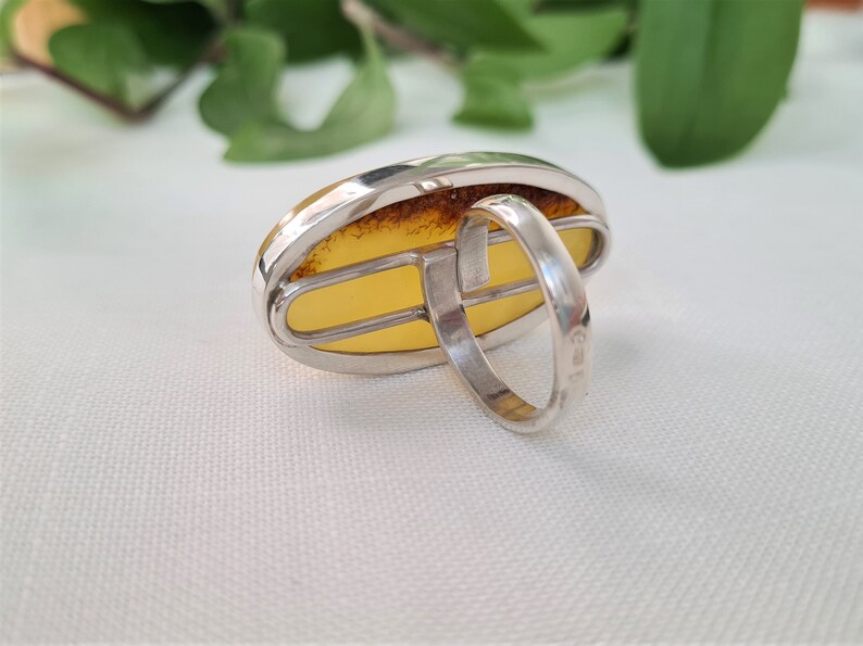 Huge amber ring sterling silver adjustable ring unique natural baltic amber