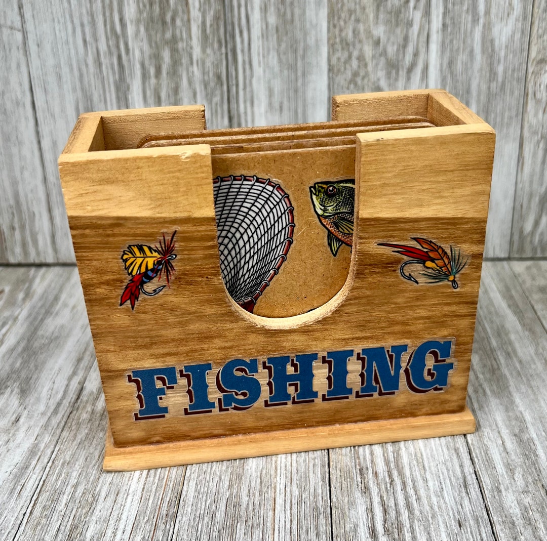 Fishing Coasters Set of 4 With Holder Wood - Etsy