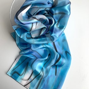 Silk Stole - Shades of Light Blue - Muslin satin strips - 100% natural silk - Hand painted - 40x150cm