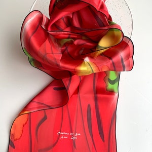Silk Scarf - Satin stripes muslin - 100% natural silk - Hand painted - 30x140cm - Shades of red