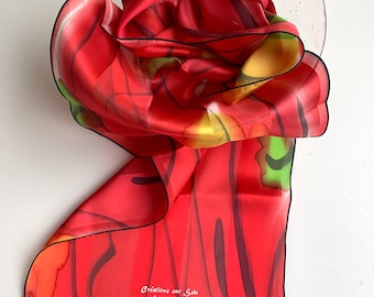 Silk Scarf - Satin stripes muslin - 100% natural silk - Hand painted - 30x140cm - Shades of red