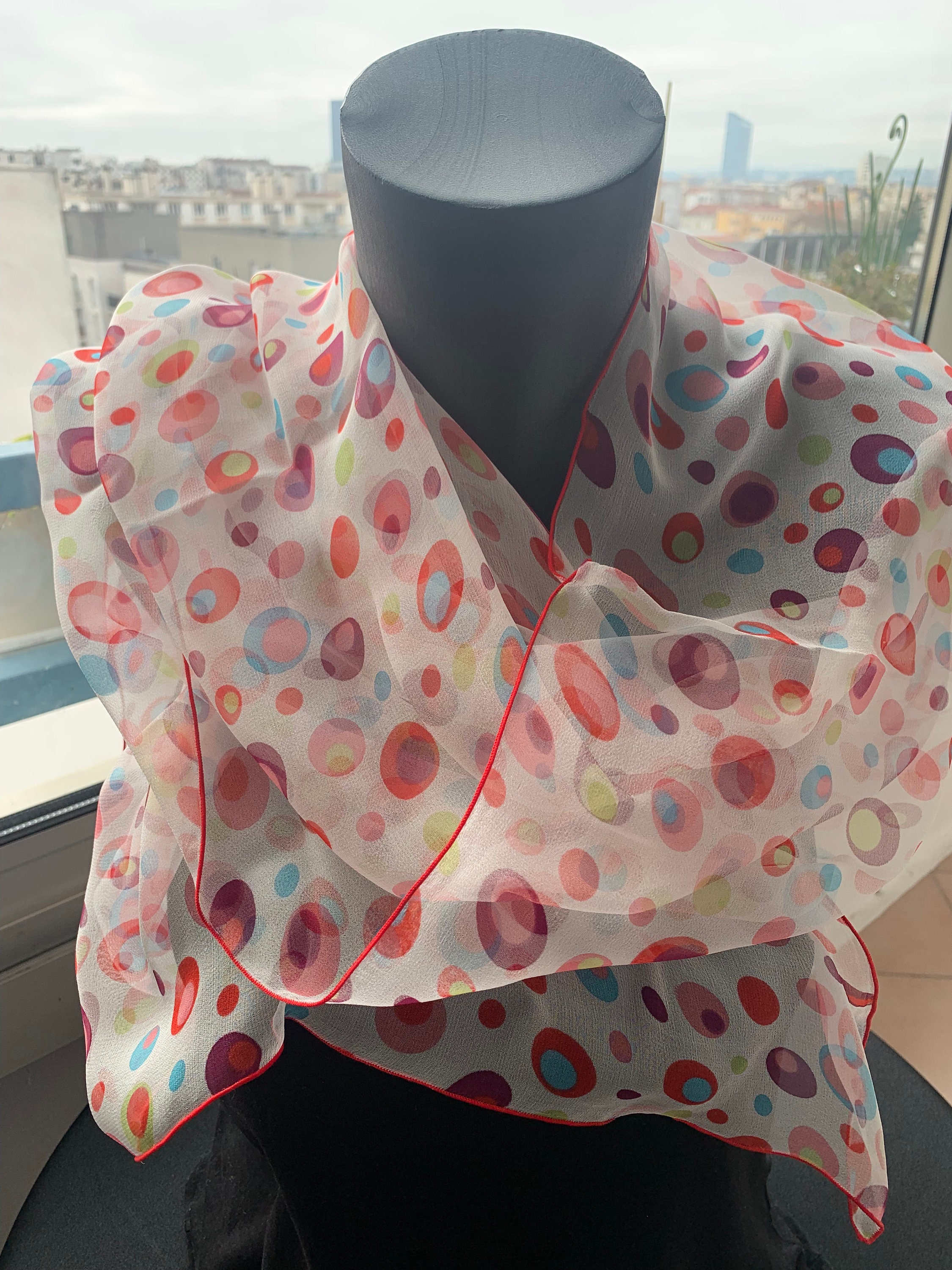 Scarf - Scarf - Silk muslin - 100% natural silk - Small polka dots - 45x150 cm