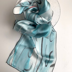 Silk Scarf - Satin stripes muslin - 100% natural silk - Hand painted - 30x140cm - Shades of Blue Grey