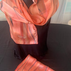 Silk Scarf - Satin stripes muslin - 100% natural silk - Hand painted - 30x140cm - Shades of Orange