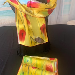 Zijden sjaal - Mousseline satijnen stroken - 100% natuurlijke zijde - Handgeschilderd - 30x140cm - Geeltinten