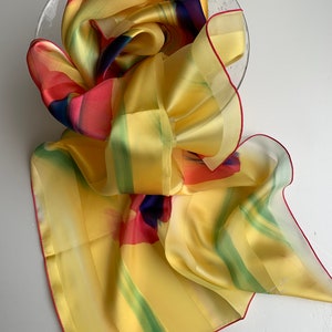 Silk Stole - Satin stripe muslin - 100% natural silk - Hand painted - 40x150cm - Shades of Yellow