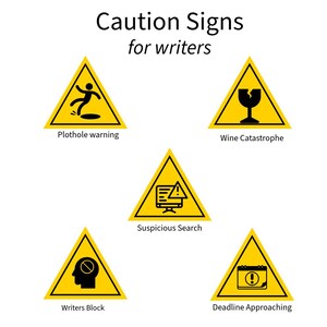 May include: A graphic titled Caution Signs for writers featuring five yellow triangular warning signs with black borders and icons. The signs are labeled Plothole warning, Wine Catastrophe, Suspicious Search, Writers Block, and Deadline Approaching.
