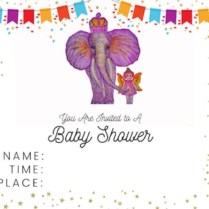 Baby Shower Invitation | Illustration | Party Invitation | Baby Shower | Printable Invitation  | Instant Download | Elephant with Fairy