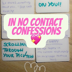 May include: A set of white rectangular cards featuring handwritten messages in blue and teal ink. The cards display phrases such as Variety, I love variety, Spying on you, Scrolling through your pics/text, and I'm not happy in my current relationship.