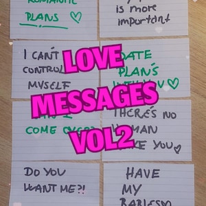 May include: Eight white rectangular cards with handwritten text and hearts. The text includes phrases like KOMANTIC PLANS, My freedom is more important, I CANT CONTROL MYSELF, DATE PLANS WITH YOU, THERE'S NO HUMAN LIKE YOU, DO YOU WANT ME?!, and HAVE MY BABIES.
