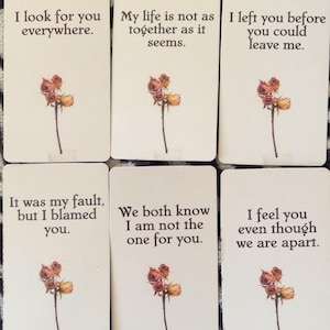 May include: Six white rectangular cards with text and floral illustrations. The cards feature phrases such as "My life is not as together as it seems" and "We both know I am not the one for you."