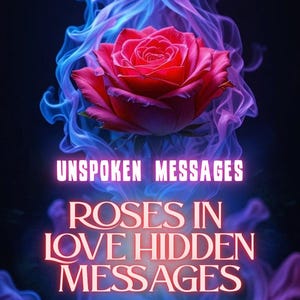 May include: A detailed red rose is the central image, set against a dark backdrop with swirling blue and purple smoke effects. The text reads "UNSPOKEN MESSAGES" and "ROSES IN LOVE HIDDEN MESSAGES" in a glowing font.