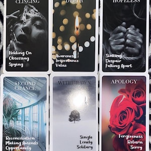 May include: Six tarot cards with white borders. The cards feature images and words such as "Clinging", "Depth", "Hopeless", "Second Chance", "Withdrawn", and "Apology". The cards have images of a person, a candle, hands, a window, a tree, and roses.