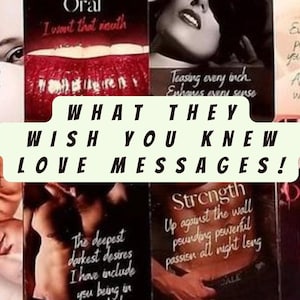 Op de afbeelding: Een verzameling rechthoekige kaarten met fotografische beelden en tekst. Zichtbare tekst omvat 'Oral', 'Blindfold', 'Strength' en 'WHAT THEY WISH YOU KNEW LOVE MESSAGES!'. De kaarten tonen diverse menselijke figuren en close-ups met donkere, sfeervolle belichting en rode accenten.