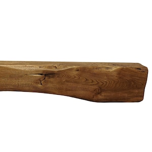 May include: A rustic wooden mantel shelf with a natural brown finish. The shelf has a slightly curved shape and shows signs of age and wear.