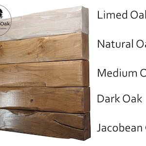 May include: Five wood samples showing different shades of oak wood. From top to bottom: Limed Oak, Natural Oak, Medium Oak, Dark Oak, Jacobean Oak.