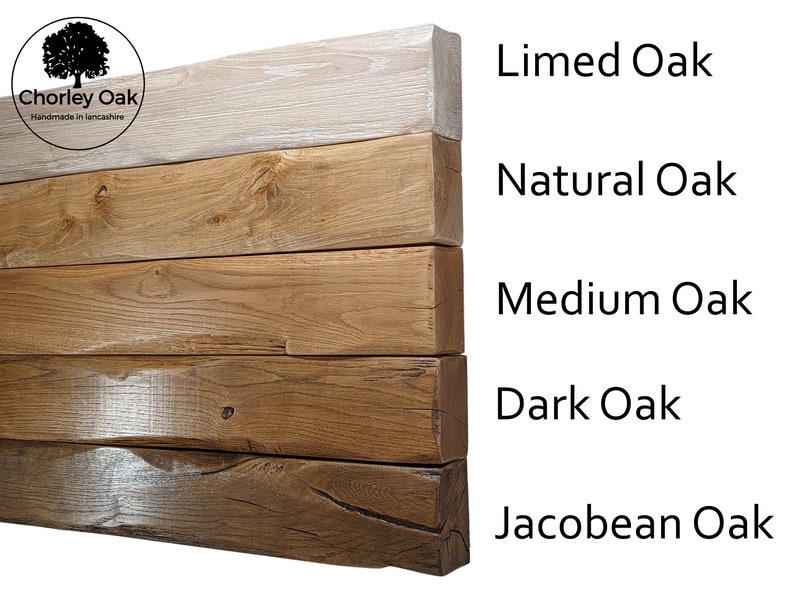 May include: Five wood samples showing different shades of oak wood. From top to bottom: Limed Oak, Natural Oak, Medium Oak, Dark Oak, Jacobean Oak.