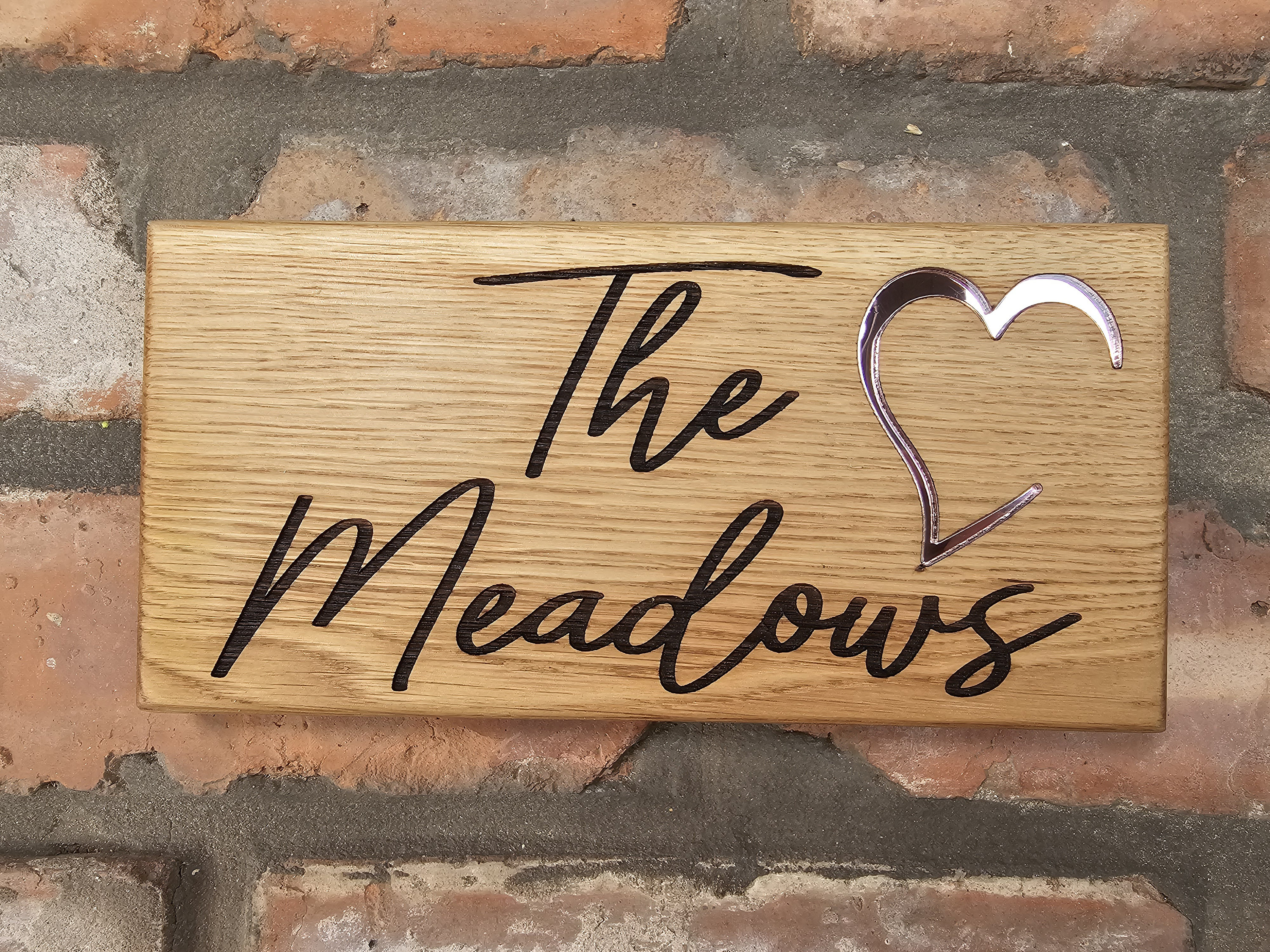 Modern Solid Oak House Name Sign with Rose Gold Mirror inlay | Chorley Oak