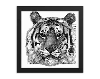 Dibujo tigre enmarcado estippling impresiones de arte, impresión de dibujo de tinta de pluma, cartel dibujado a mano, arte tigre imprime arte de pared, arte animal inspirador