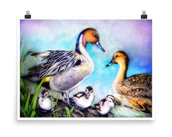 Pintail Duck Family Art Print,, impresiones de arte mural, carteles y grabados, impresión de arte de Giclee, amor y cartel de pared familiar