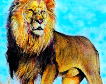 Impresión de arte del rey león Simba, obra de arte de león dibujado a mano, cartel de dibujo a lápiz de colores, arte de pared, decoración de la pared de animales
