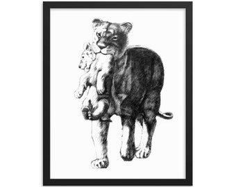 Impresión de arte de la pared de la leona y la pared del cachorro, cartel de regalo del día de la madre, cartel dibujado a mano, arte de boceto enmarcado, decoración de la pared de animales, impresión de dibujo a lápiz
