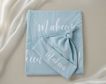 Personalized Newborn Swaddle Blanket,Name Blanket,Hospital Swaddle,Custom Newborn Baby Receiving Gift,Milky Fabric Swaddle Gown Knot Hat Bow