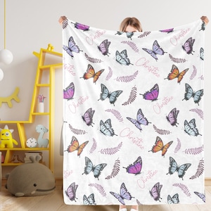 Butterflies Baby Blanket,Personalized Name Blanket For Baby/Kids/Youth/Adult/Pet, Custom Baby Minky Fabric Soft Blanket, Personalized Gift