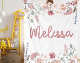 Couverture bébé fleurs colorées, couverture prénom personnalisée pour bébé/enfants/jeunes/adultes/animal de compagnie, couverture douce personnalisée en tissu minky pour bébé, cadeau personnalisé