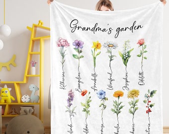 Personalisierte Geburtstagsblumendecke, kundenspezifische Mutters Gartendecke, Geburtstagsblume mit Namen, Geschenk für Mutter von Tochter / Sohn, spezielles Andenken