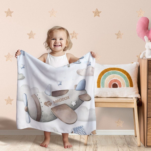 Balloon Airplane Baby Blanket,Personalized Name Blanket For Baby/Kid/Youth/Adult/Pet,Custom Baby Minky Fabric Soft Blanket,Personalized Gift