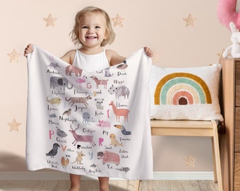 Dierenalfabet babydeken, gepersonaliseerde naamdeken, deken voor baby/kinderen/jeugd/volwassene/huisdier, aangepaste Minky stoffen deken, gepersonaliseerd cadeau