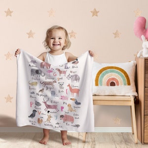 Animal Alphabet Baby Blanket,Personalized Name Blanket,Blanket For Baby/Kids/Youth/Adult/Pet,Custom Minky Fabric Blanket,Personalized Gift