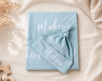 Manta de bebé personalizada para recién nacidos, manta con nombre, manta de hospital, regalo personalizado para recién nacidos, bata de bebé de tela lechosa con nudo y sombrero con lazo