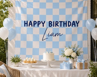 Personalized Birthday Banner, Custom Name Birthday Backdrop, Checkerboard Party Tapestry, Kids Adult Birthday Decor