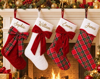 Personalized Christmas Stocking, Embroidered Name Stocking, Plaid Xmas Stocking with Velvet Bow, Custom Family Christmas Decor, Holiday Gift