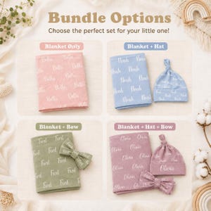 May include: A product display showing four bundle options for personalized baby items. The sets include blankets, hats, and bows in pink, blue, olive green, and mauve, each featuring the names Bella, Noah, Ford, or Olivia in white text.