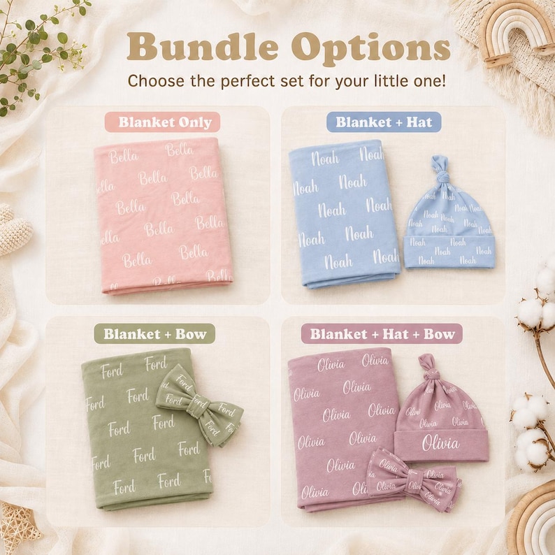 May include: A product display showing four bundle options for personalized baby items. The sets include blankets, hats, and bows in pink, blue, olive green, and mauve, each featuring the names Bella, Noah, Ford, or Olivia in white text.