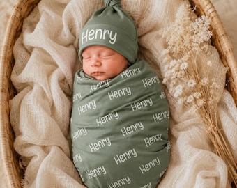 Newborn Name Blanket, Baby Name Swaddle, First and Middle Name Blanket, Newborn Swaddle and Hat, Name Swaddle for Boy, Baby Shower Gifts