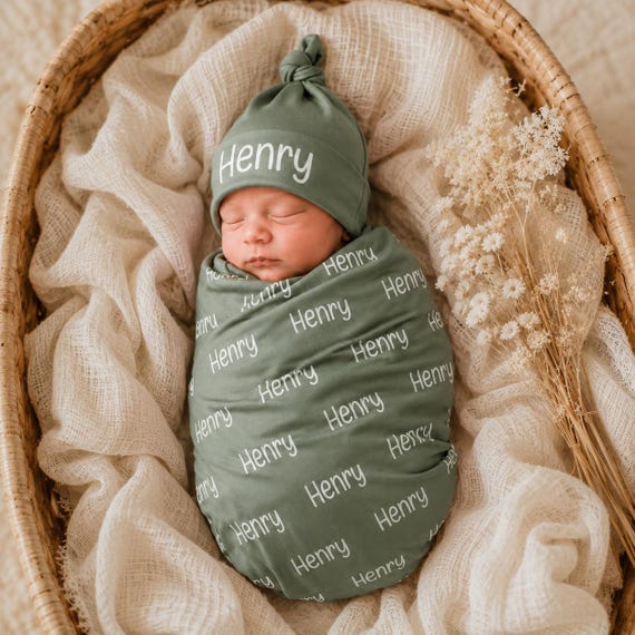 Newborn Name Blanket, Baby Name Swaddle, First and Middle Name Blanket, Newborn Swaddle and Hat, Name Swaddle for Boy, Baby Shower Gifts
