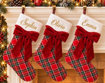 Personalized Plaid Christmas Stocking, Embroidered Name Stocking, Xmas Stocking with Velvet Bow, Custom Family Christmas Decor, Holiday Gift