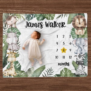 Couverture personnalisée pour bébé Milestone, Couverture personnalisée pour mois animaux de la forêt, Couverture avec prénom pour bébé, Couverture douce personnalisée nouveau-né en tissu Minky