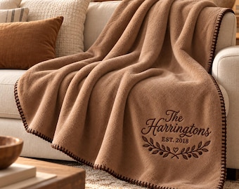 Personalized Throw Blanket with Family Name, Custom Embroidered Couple Blanket, Newlywed Gift, Christmas Gift, Home Deco, House Warming Gift