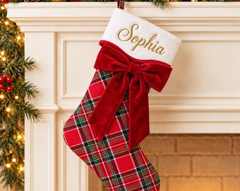 Personalized Plaid Christmas Stocking, Embroidered Name Velvet Bow Stockings, Family Stockings, 2026 Family Holiday Decor, Xmas Gift for Kid