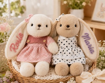 Personalized Hand Embroidered Bunny, Plush Rabbit with Name on Ear, Custom Stuffed Animal, Baby Shower Gift, Flower Girl Favors