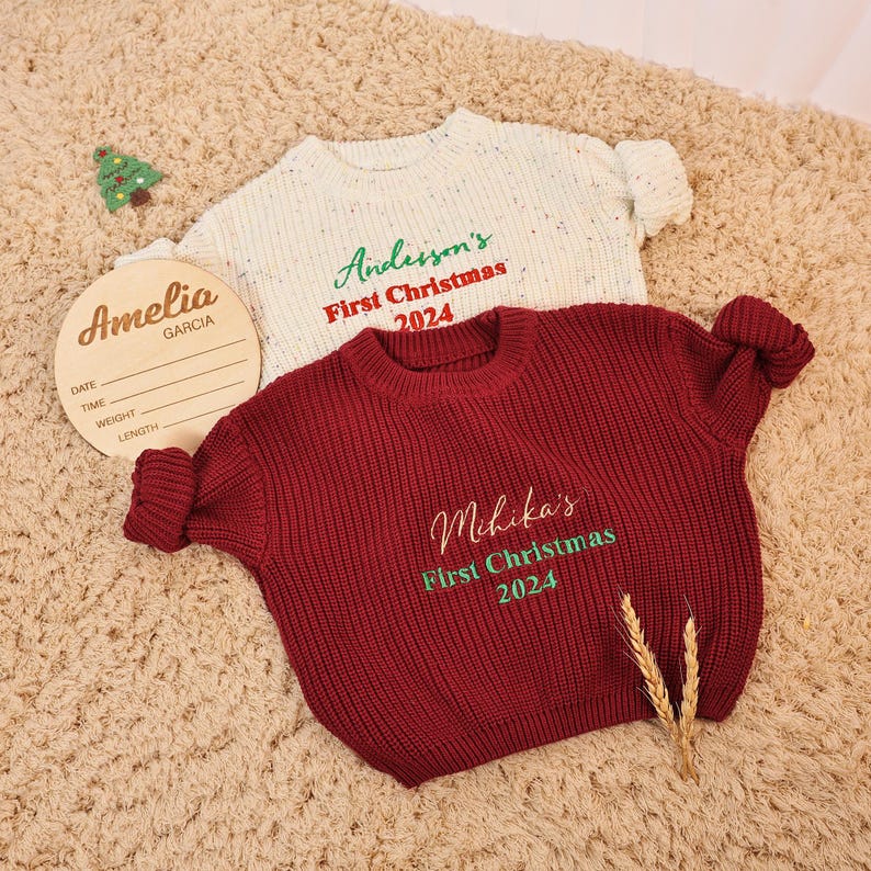 Personalised Baby's First Christmas Knitted Sweater, Hand Embroidered