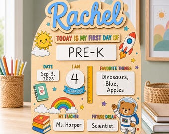 Personalized First Day of School Sign, Wooden Back to School Board, Reusable School Milestone Sign, Preschool Photo Prop, Custom Name Sign
