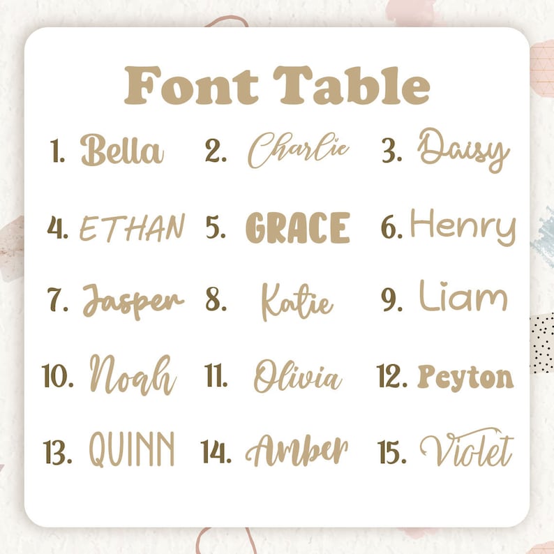 May include: A white font table chart featuring the heading Font Table in large tan letters. Below are fifteen numbered options displaying various tan typography styles, including names like Bella, Charlie, Daisy, Ethan, Grace, Henry, Jasper, Katie, Liam, Noah, Olivia, Peyton, Quinn, Amber, and Violet.