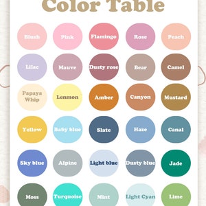 May include: A rectangular color chart titled Color Table featuring thirty circular swatches arranged in six rows and five columns. Each circle contains a specific color name in white text, including Blush, Pink, Flamingo, Rose, Peach, Lilac, Mauve, Dusty rose, Bear, Camel, Papaya Whip, Lenmon, Amber, Canyon, Mustard, Yellow, Baby blue, Slate, Haze, Canal, Sky blue, Alpine, Light blue, Dusty blue, Jade, Moss, Turquoise, Mint, Light Cyan, and Lime.